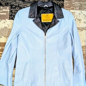 Peruzzi Italy Leather Jacket Blue Black Collar IT 42 Vintage US 4/6